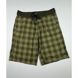 Prana Boardshorts Mens 34 Green Brown Plaid Swim Trunks Surf Summer Breathe